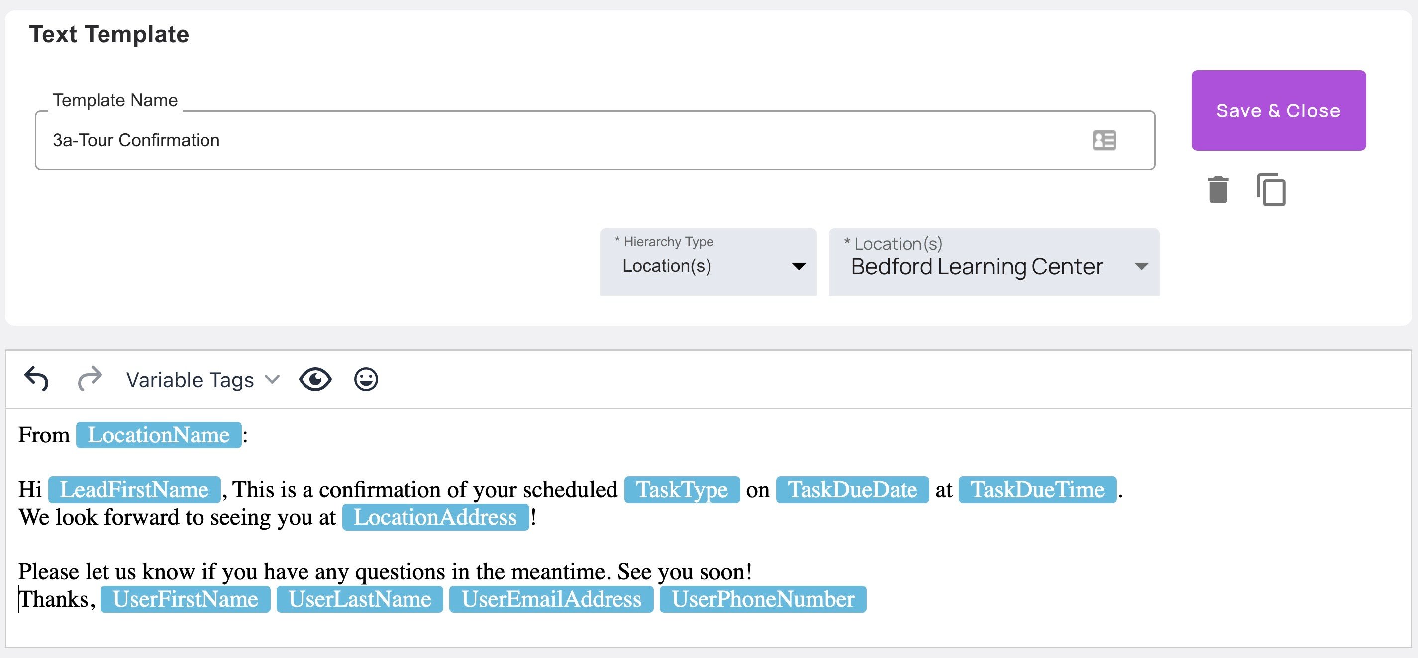 Scheduling a tour text template