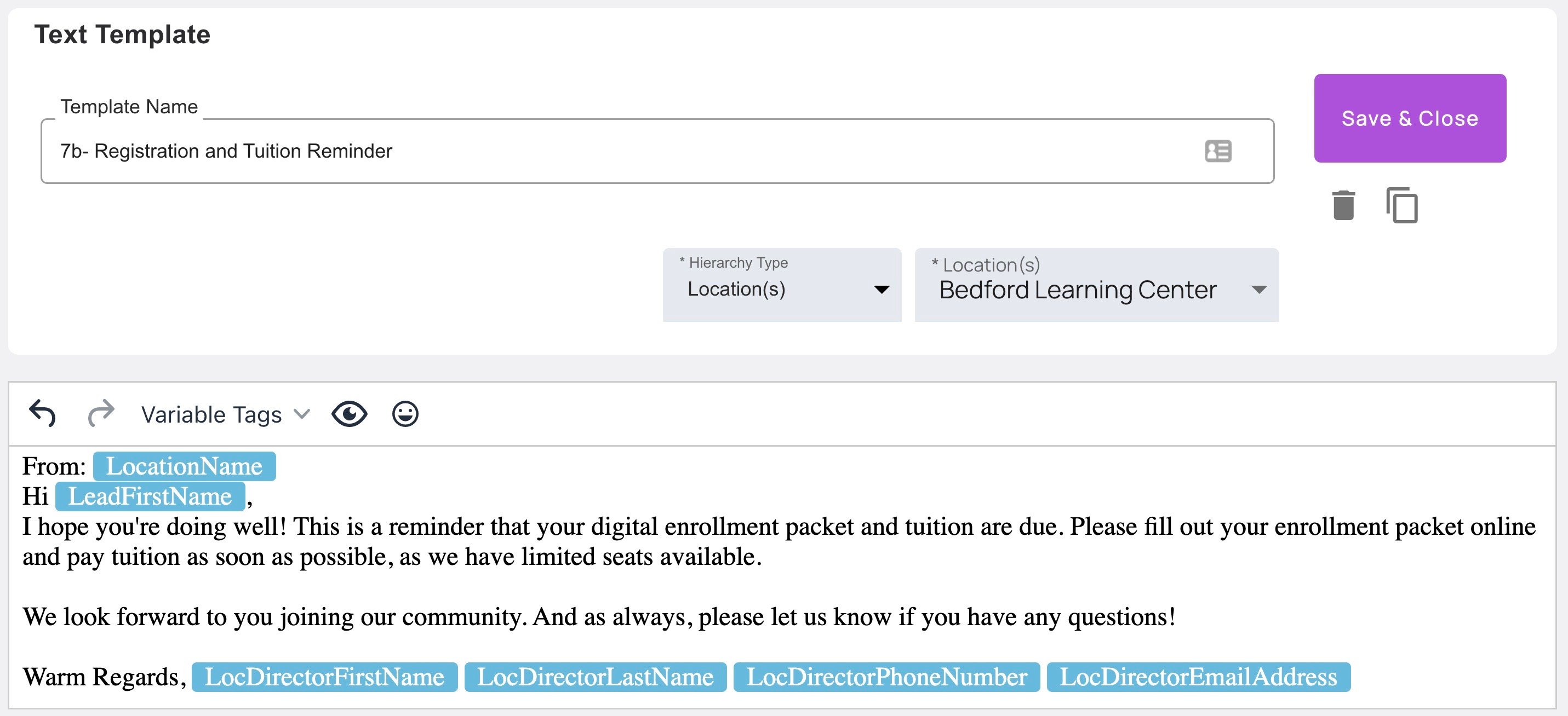 Registration and tuition reminder text template