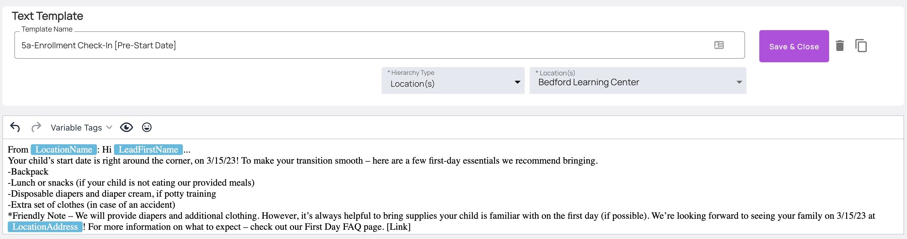 Enrollment Check-In [Pre-Start Date]: Text Template
